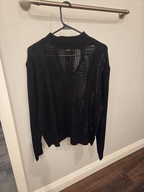 Black Open-Knit V-Neck Sweater